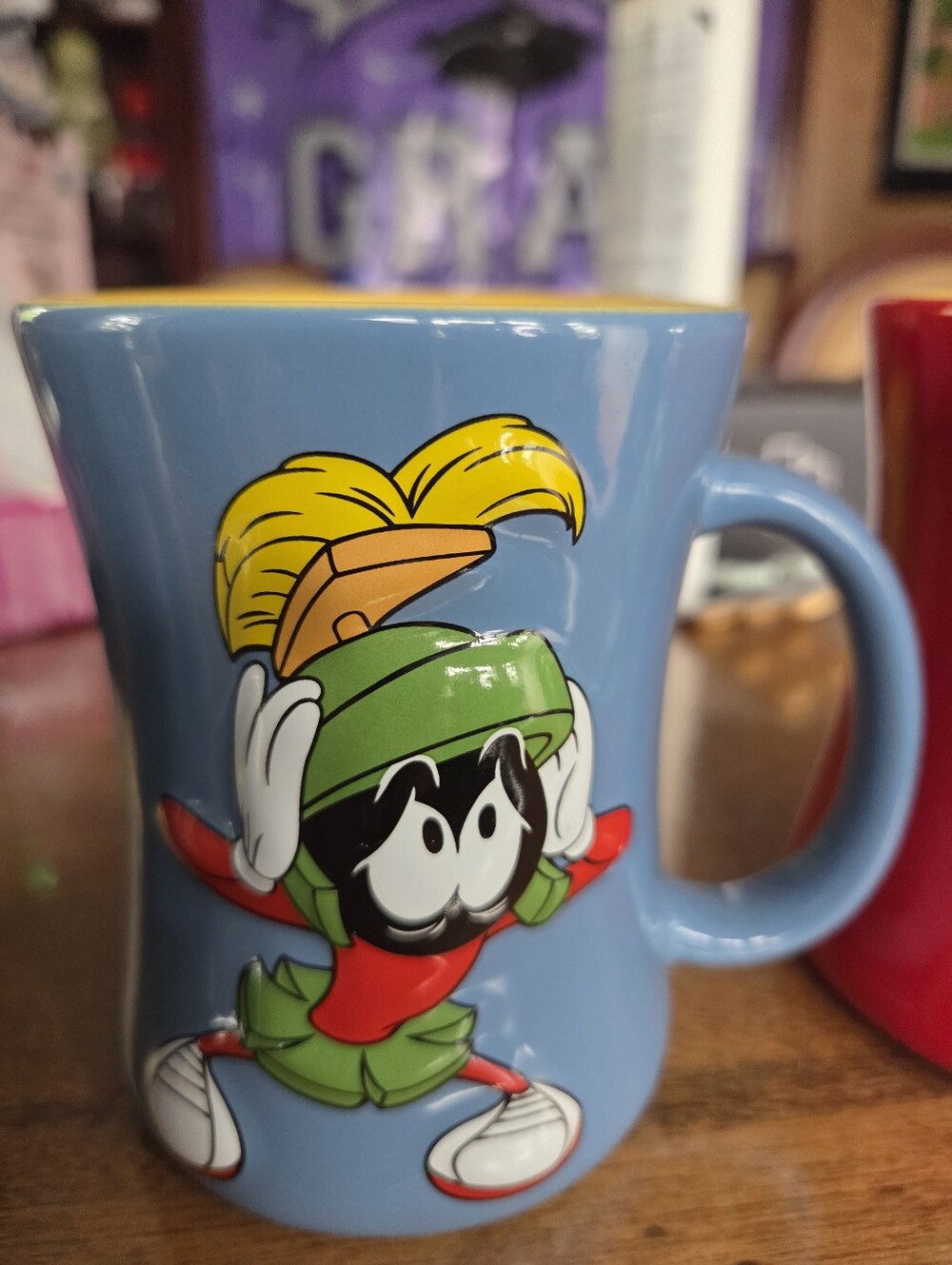 Marvin the Martian Cartoon Ceramic Mug - Light Blue with Yellow Trim